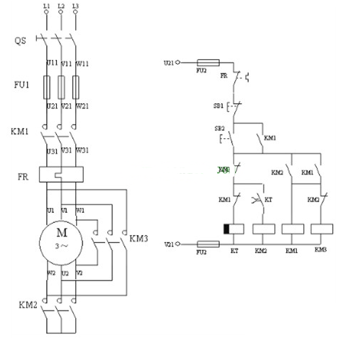 電機(jī)Y-△轉(zhuǎn)換控制的繼電器線路